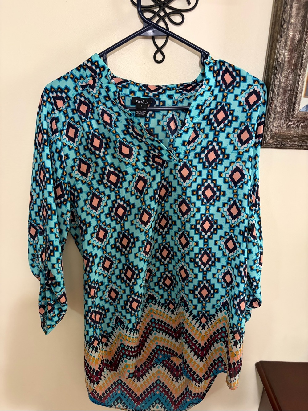 Rue21 Turquoise Geometric Print Tunic with Pink and Navy Accents